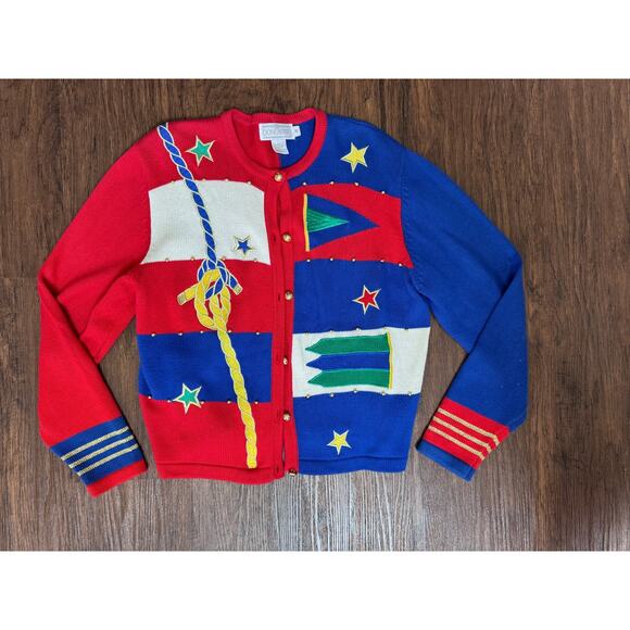 Doncaster Colorblock Vintage Nautical Sweater Cardigan Medium - Picture 2 of 4